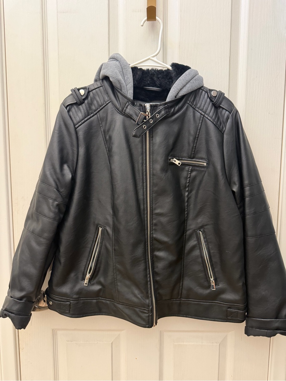 Sebby Black Faux Leather Jacket with Gray Hooded Insert
